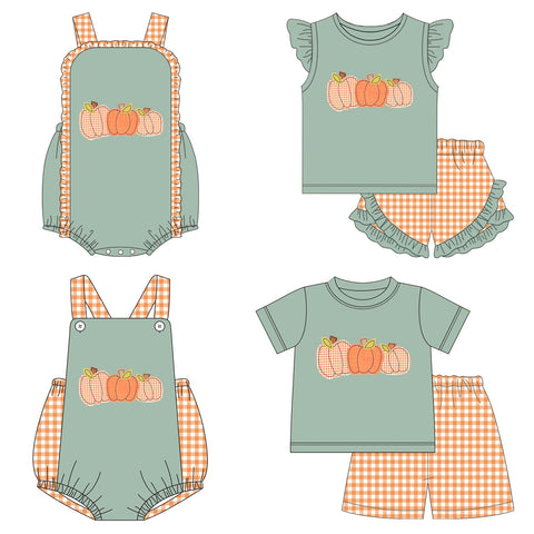 Sage and Orange Gingham Pumpkins Embroidered Collection - ETA early August