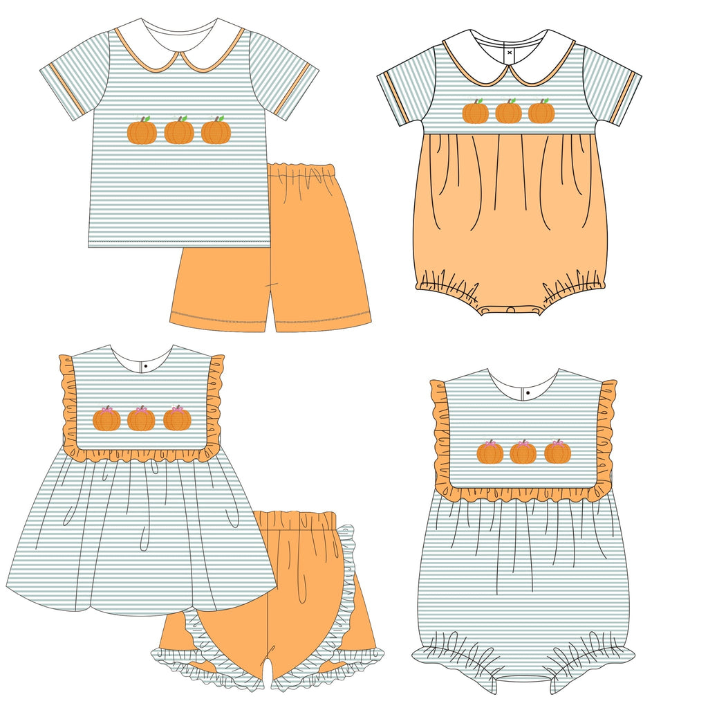 Sage Stripes and Orange Pumpkin Trio Embroidered Collection - ETA early August