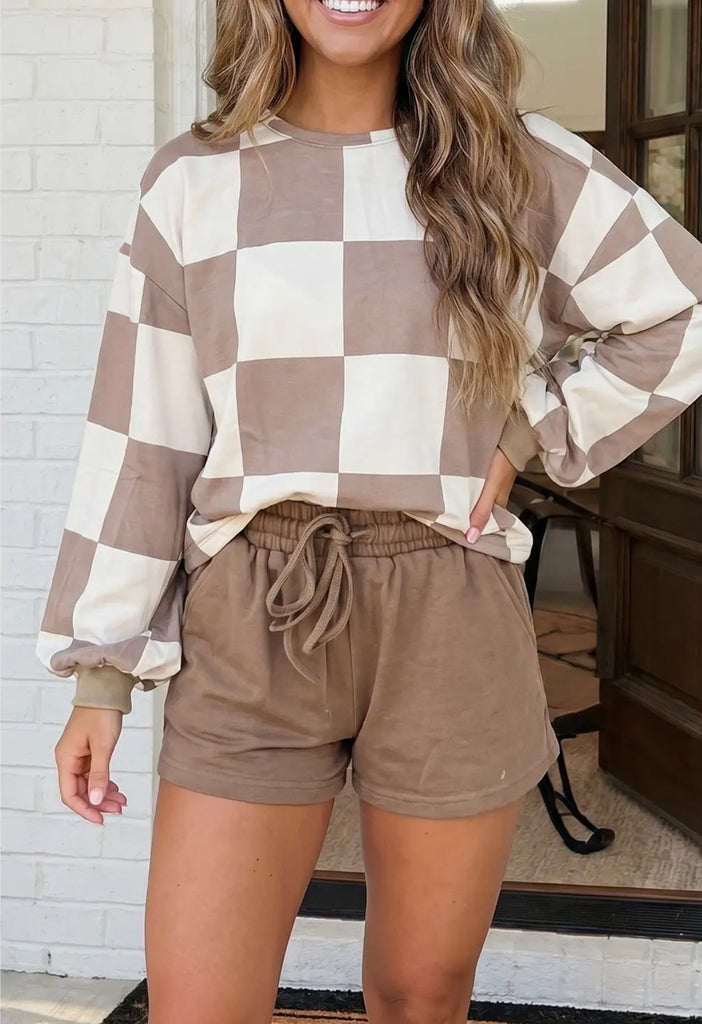 Las Plaid Top Solid Drawstring Shorts Lounge Set