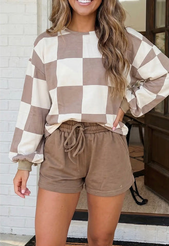 Las Plaid Top Solid Drawstring Shorts Lounge Set
