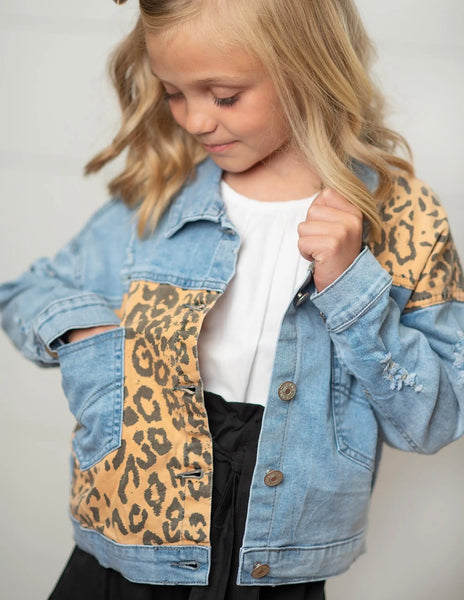 PREORDER- Kids Leopard Patch Light Wash Denim Jacket
