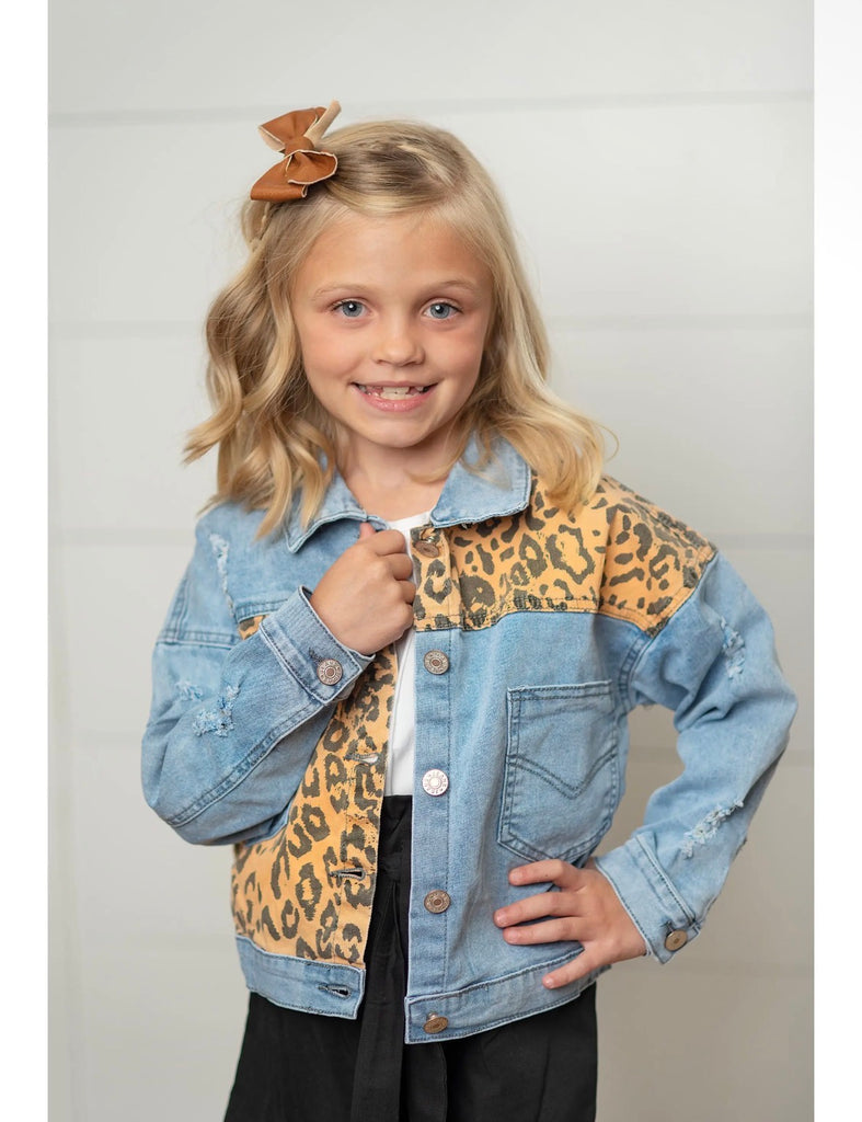 PREORDER- Kids Leopard Patch Light Wash Denim Jacket