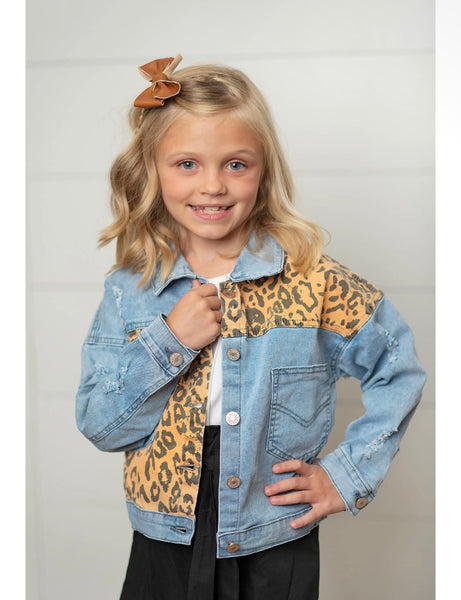 PREORDER- Kids Leopard Patch Light Wash Denim Jacket