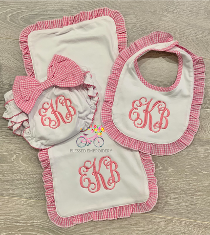 Monogrammed Bib, Burp Cloth, Diaper Cover Set