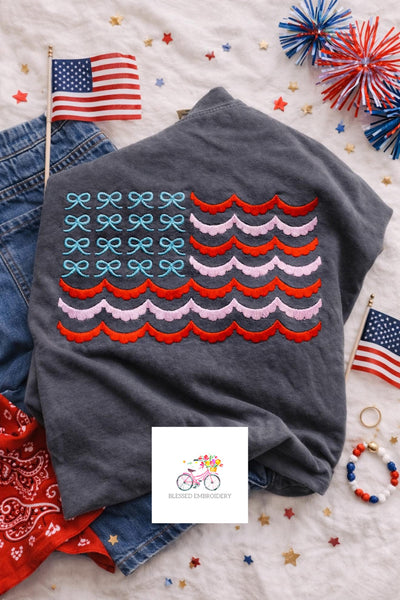 Patriotic Scallop Bow Flag Embroidered Shirt
