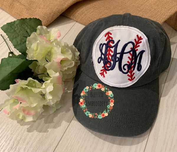 monogrammed baseball hat, monogrammed baseball mom hat, baseball applique hat