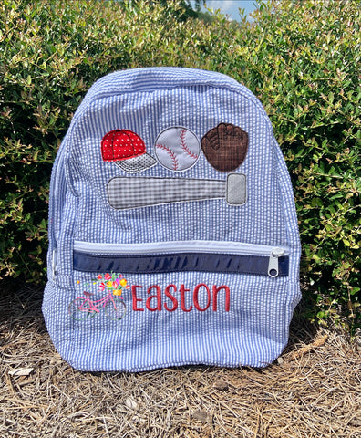Monogrammed Seersucker Baseball Backpack, Baseball Applique Backpack