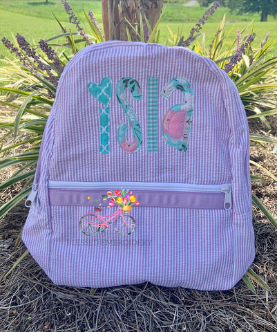 Monogrammed Purple Seersucker Backpack