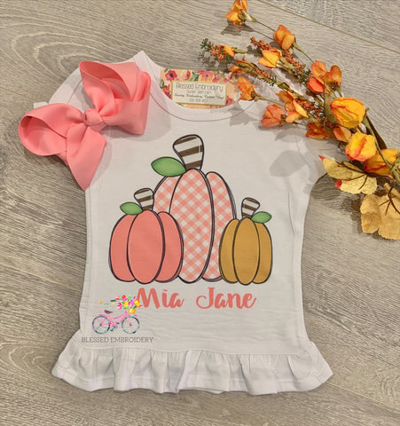 Girls Monogrammed Fall Shirt, Gingham Pumpkin Trio Shirt
