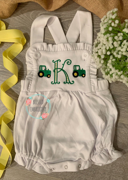 Girls Tractor Sunsuit, Girls Monogrammed Tractor Outfit