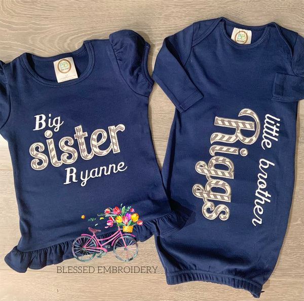 Big Sister Little Brother Applique Outfit Set, Little Brother Gown, Big Sister And Little Brother Outfit Set