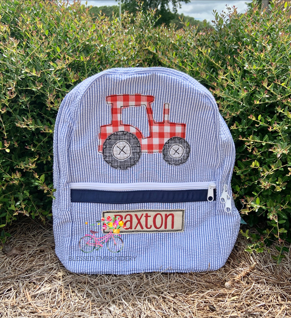 Monogrammed Tractor Seersucker Backpack