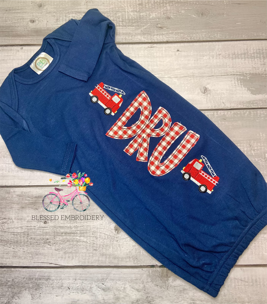 Baby Boy gown, Boy coming home outfit, Monogrammed Firetruck Baby Gown