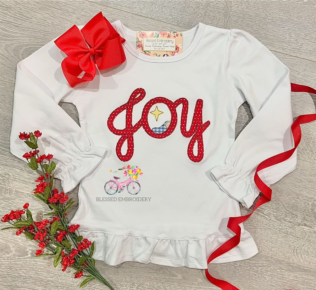Girls Christmas Applique Shirt, Joy Appliqué