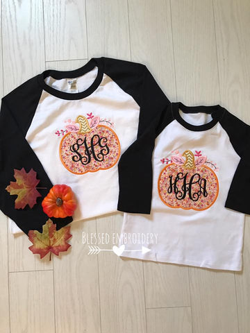 Monogrammed mommy and me fall shirts, monogrammed mommy and me pumpkin shirts