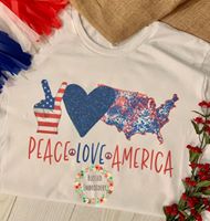Peace Love America Tee, Patriotic Sublimated Tee, Peace Love America Sublimated T-Shirt