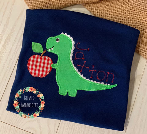 Boys Dinosaur Back To School Shirt, School Dinosur Applique Shirt