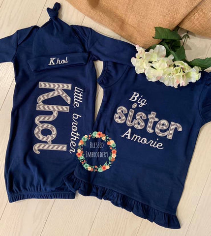 Big Sister Little Brother Applique Outfit Set, Little Brother Gown, Big Sister And Little Brother Outfit Set